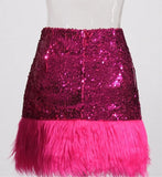 Sequins Fur Feathers Mini Skirt