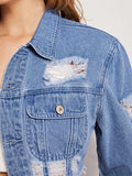 Raw Hem Ripped Detail Buttoned Denim Jacket - spiffy-fashion-boutique