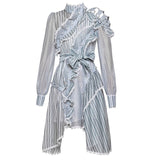 Striped Full Sleeve Sashes Knee-Length Lady Dress