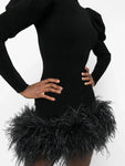 Black Feathers Puff Sleeves Mini Dress
