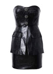 Crystal Buttons Hip Pack Leather Mini Dress