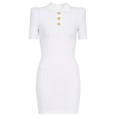 White Alisa Knit Gold Buttons Dress