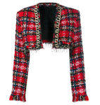 Gold Chain Red Plaid Crop Jacket Skirt & Crop Top Sets
