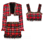 Gold Chain Red Plaid Crop Jacket Skirt & Crop Top Sets