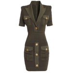 Army Green Gold Buttons Petite Dress