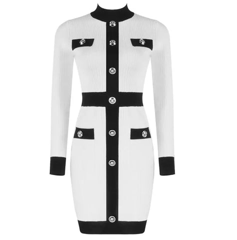 Black & Off White Silver Buttons Dress
